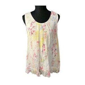 Tendenze Italian Silk Floral Ruffled Hem Pleated Neck Sleeveless Tank L D9.2